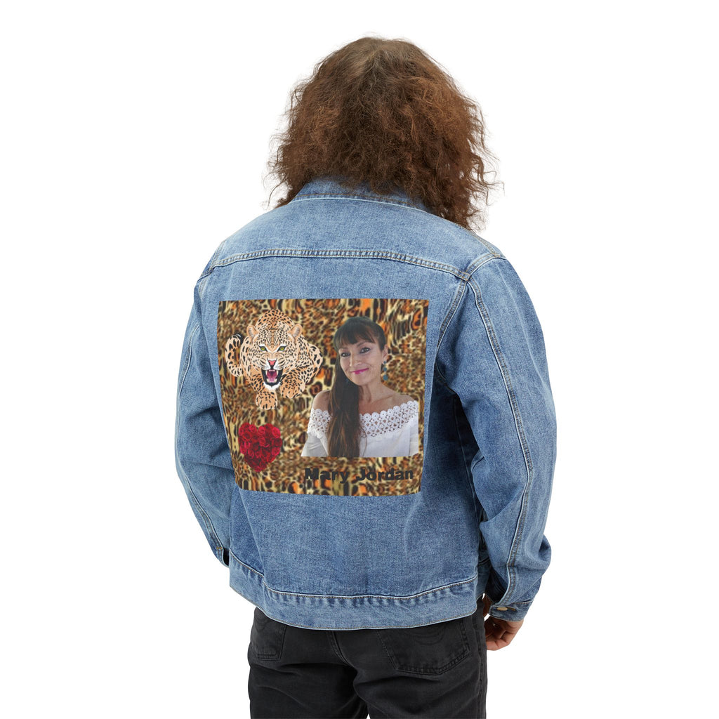 Mary Jordan Denim Jacket with Leopard Print Back Patch — Bold Safari Graphic Men’s Jacket