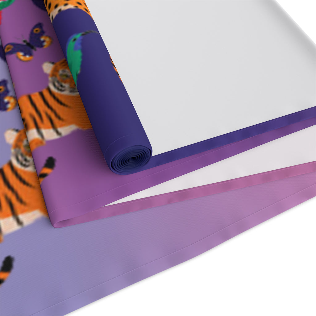 Tropical Jungle Table Runner — Gradient Purple with Tigers & Parrots