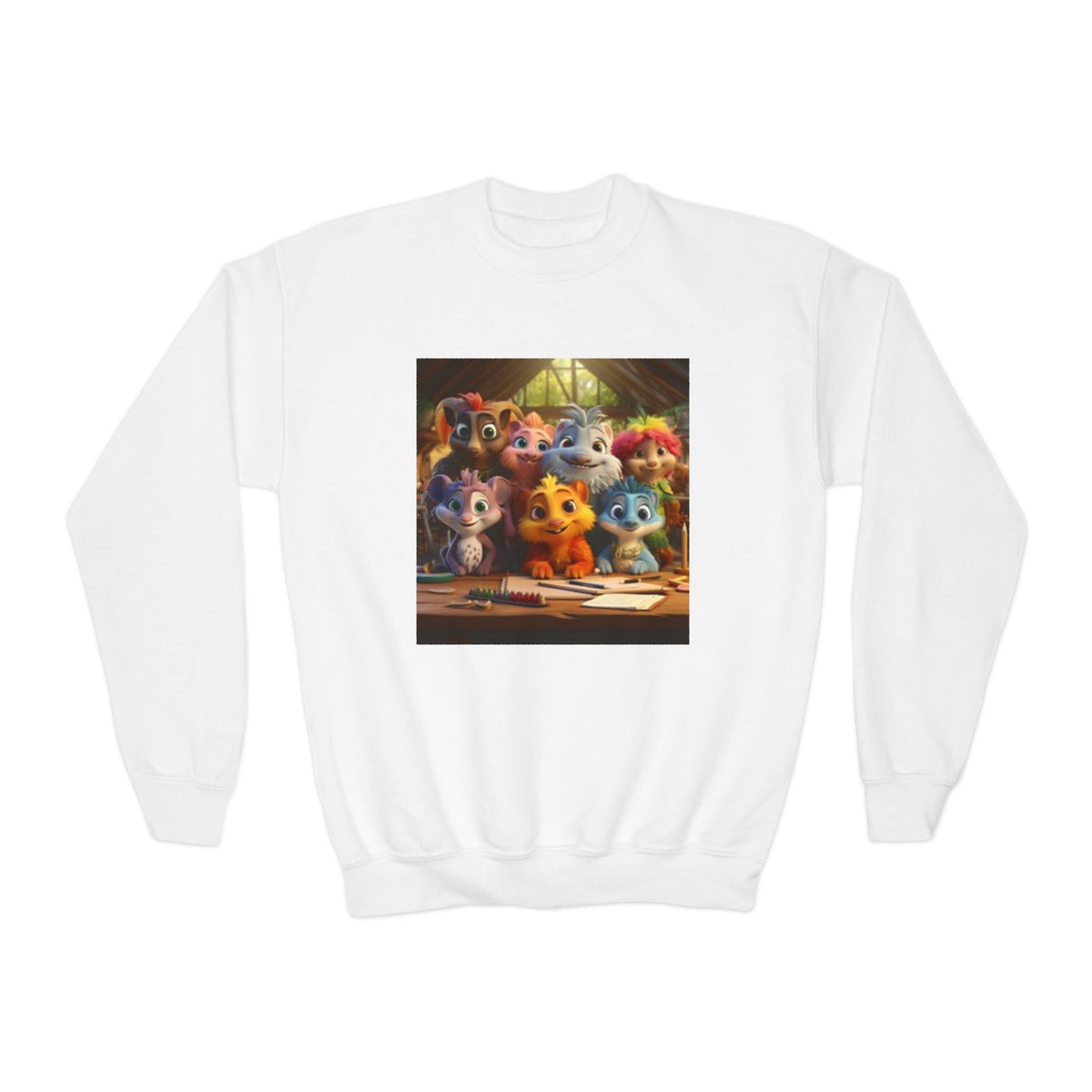 Youth Crewneck Sweatshirt — Colorful Cartoon Kittens Group Graphic