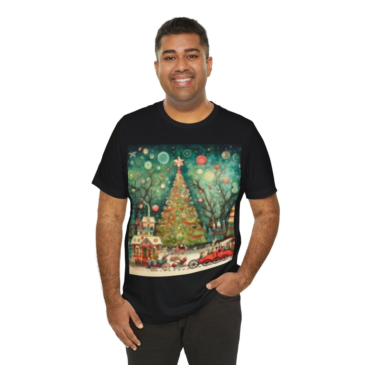 Vintage Christmas Tree Tee — Holiday Village Scenic T‑Shirt