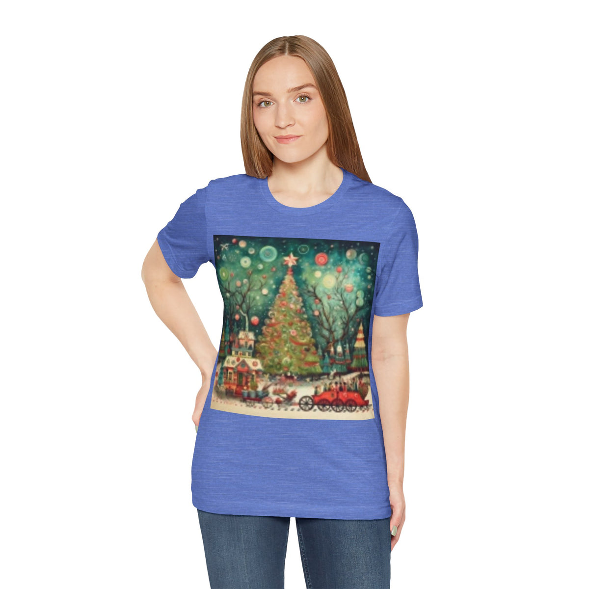 Christmas Tree Vintage Scene Tee — Holiday Village Carriage Design