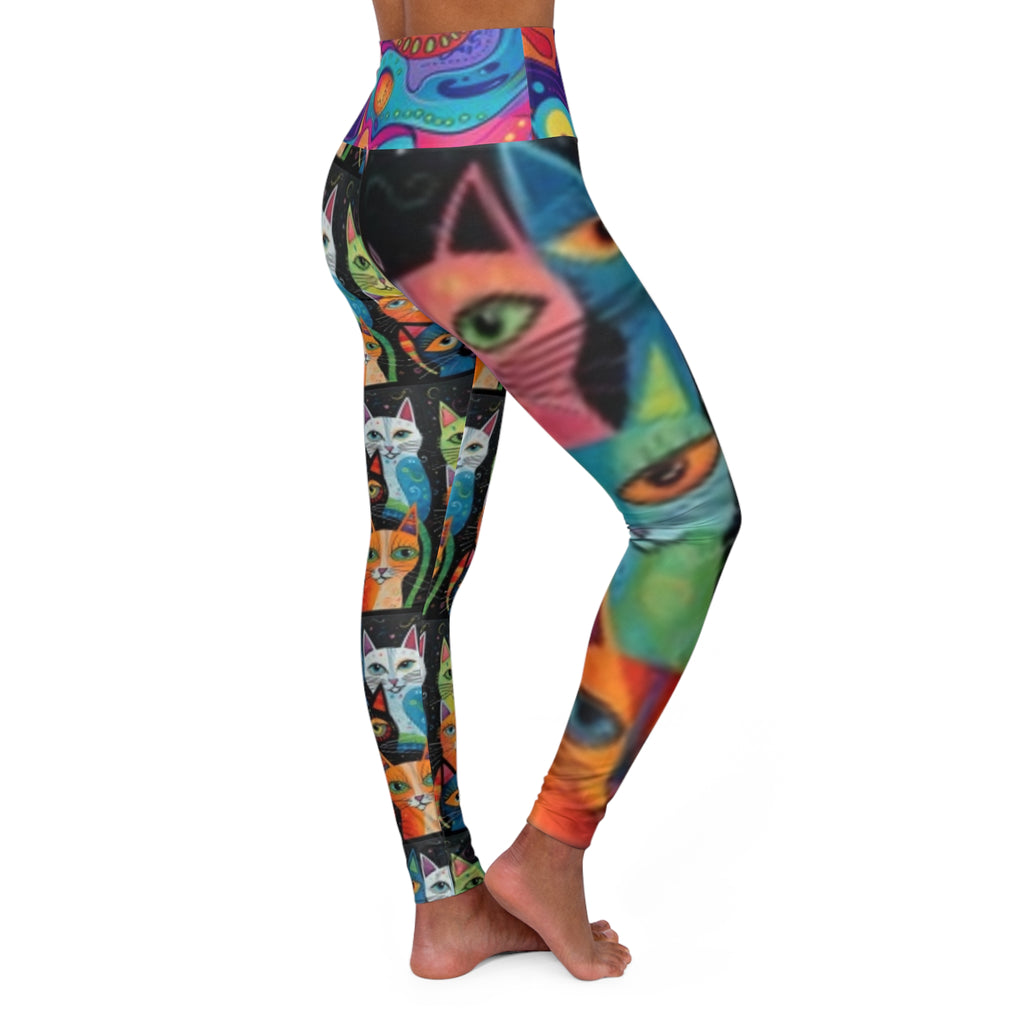 High-Waisted Cat Print Female Yoga Leggings — Colorful Whimsical Cats