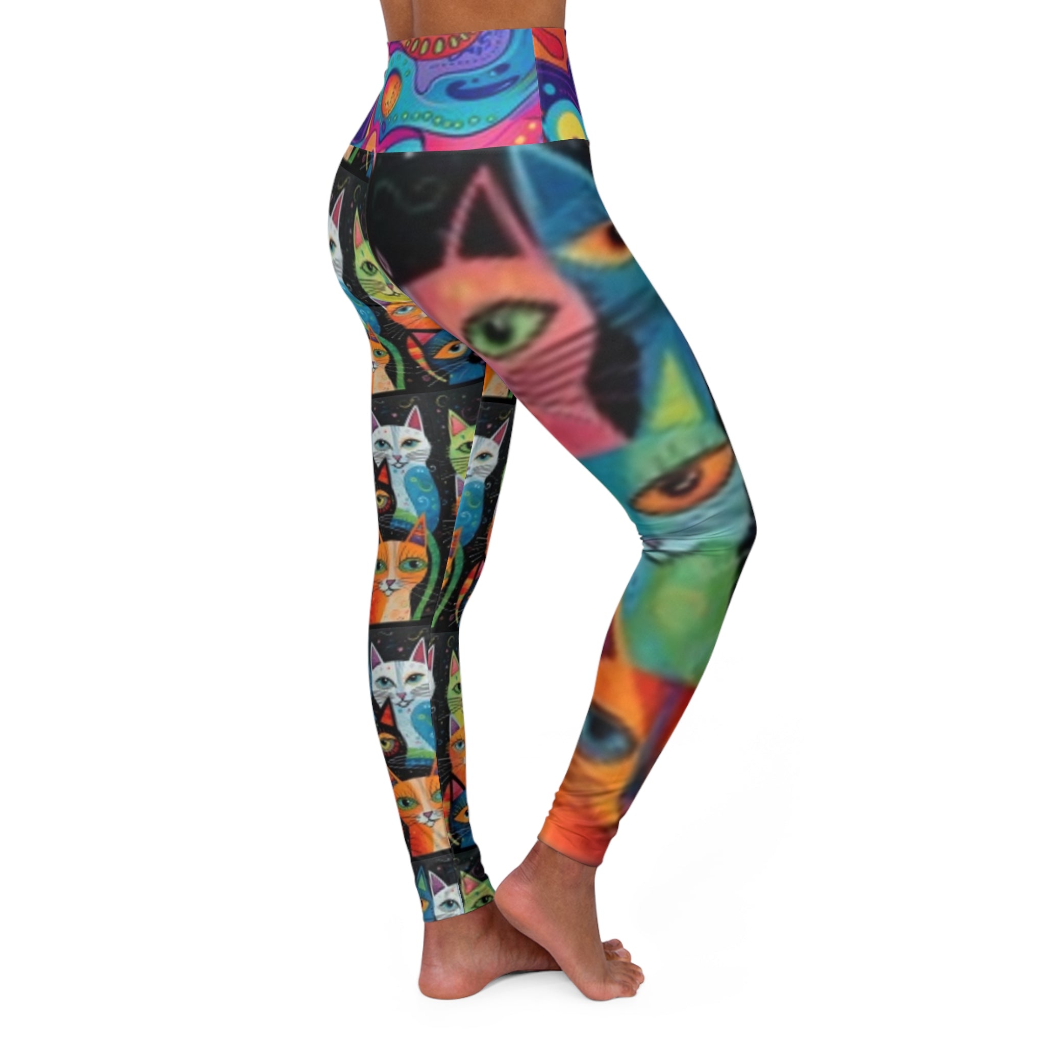 High-Waisted Cat Print Female Yoga Leggings — Colorful Whimsical Cats