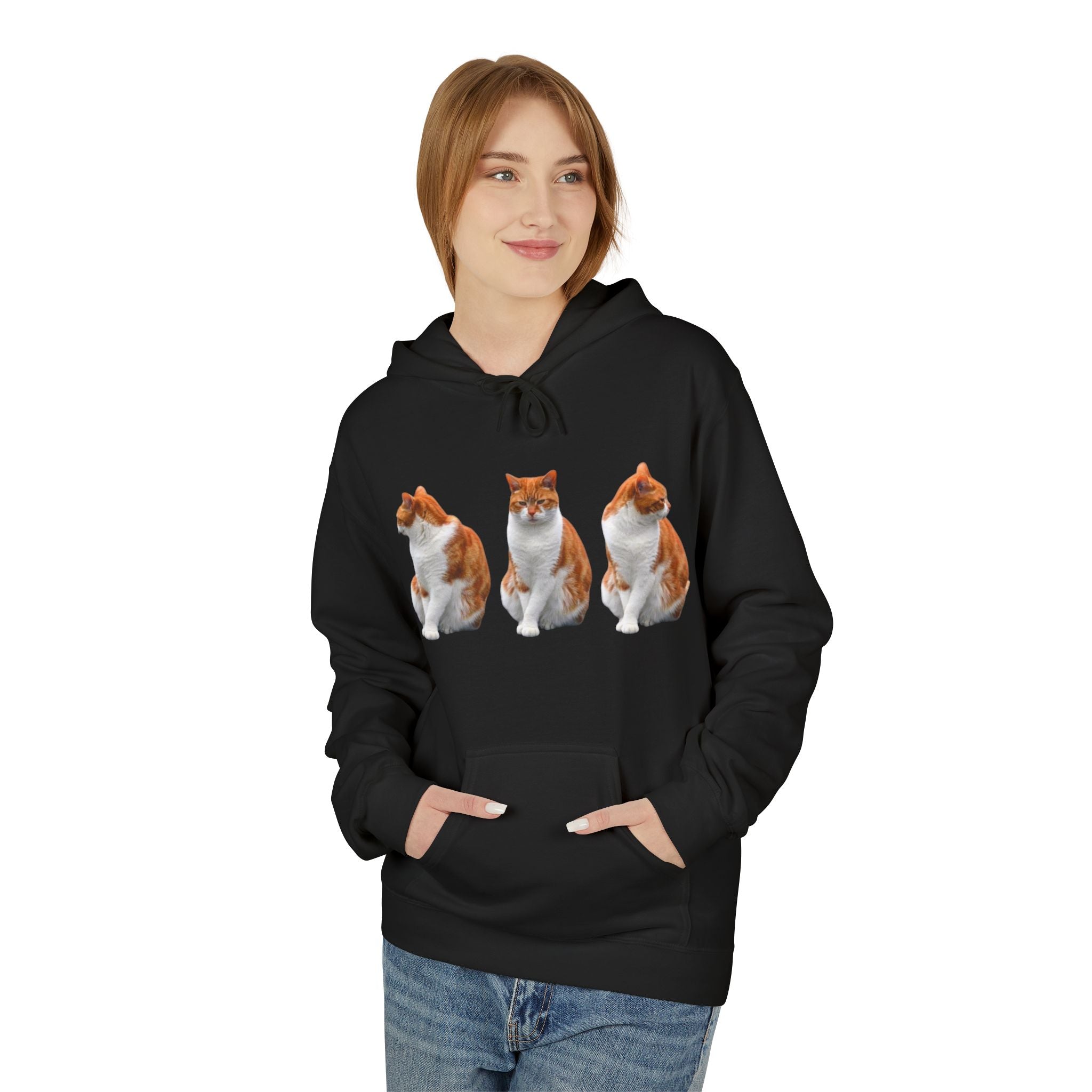 Women's Cute Cat Trio Hoodie – Whimsical Orange & Black Cat Graphic Pullover