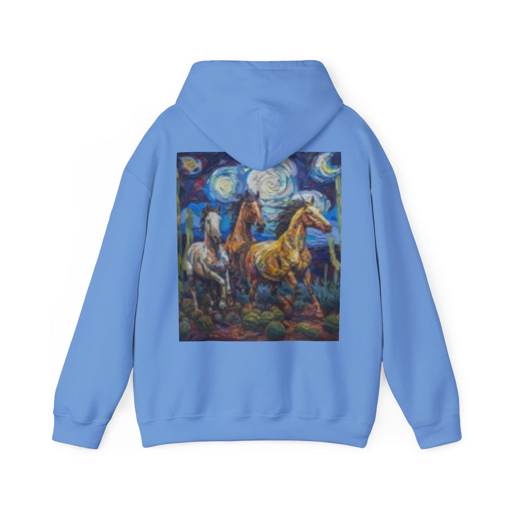 Sunface & Galloping Horses Hoodie — Boho Celestial Horse Art Sweatshirt
