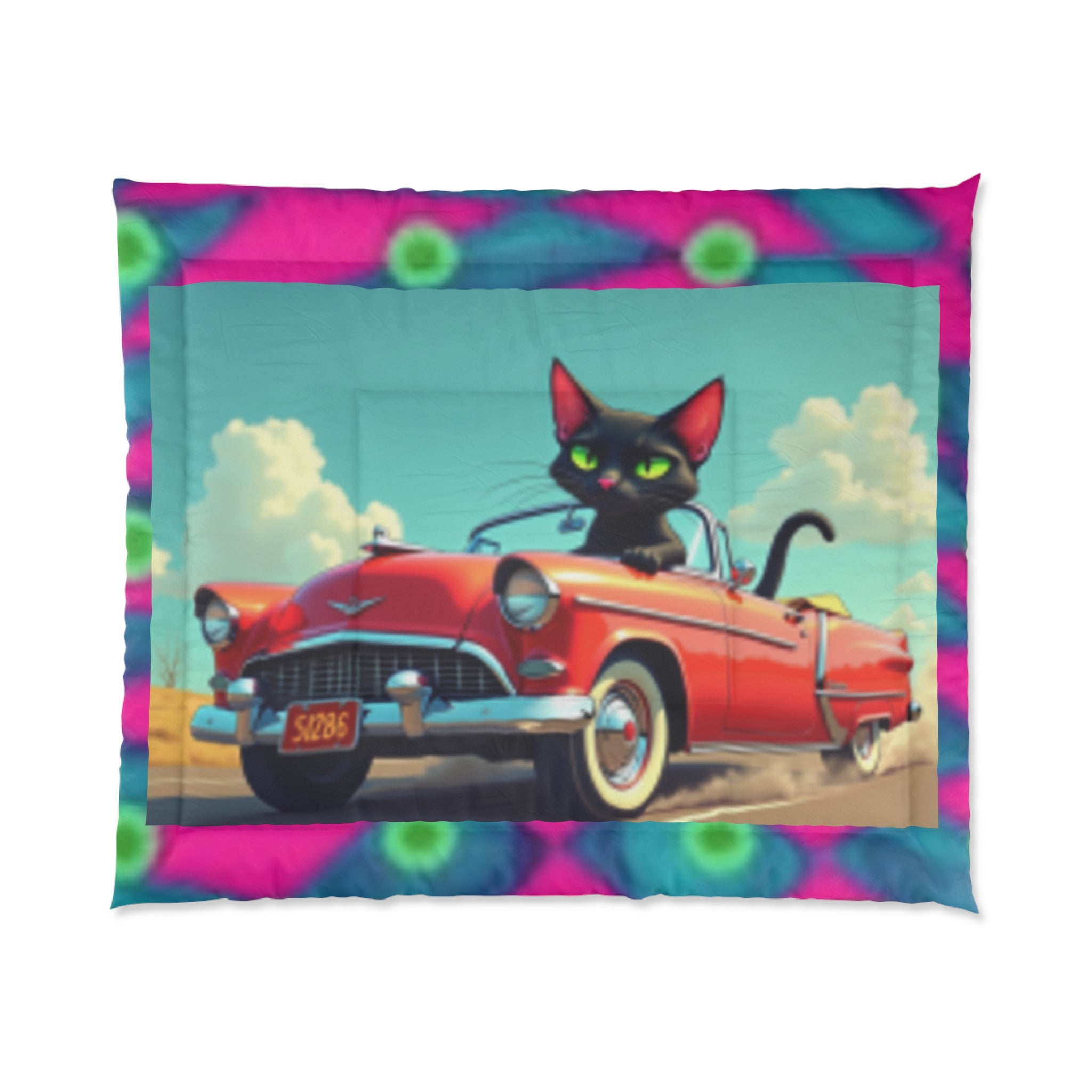 Retro Cat Driving Comforter - Vintage Convertible Black Cat Bedding