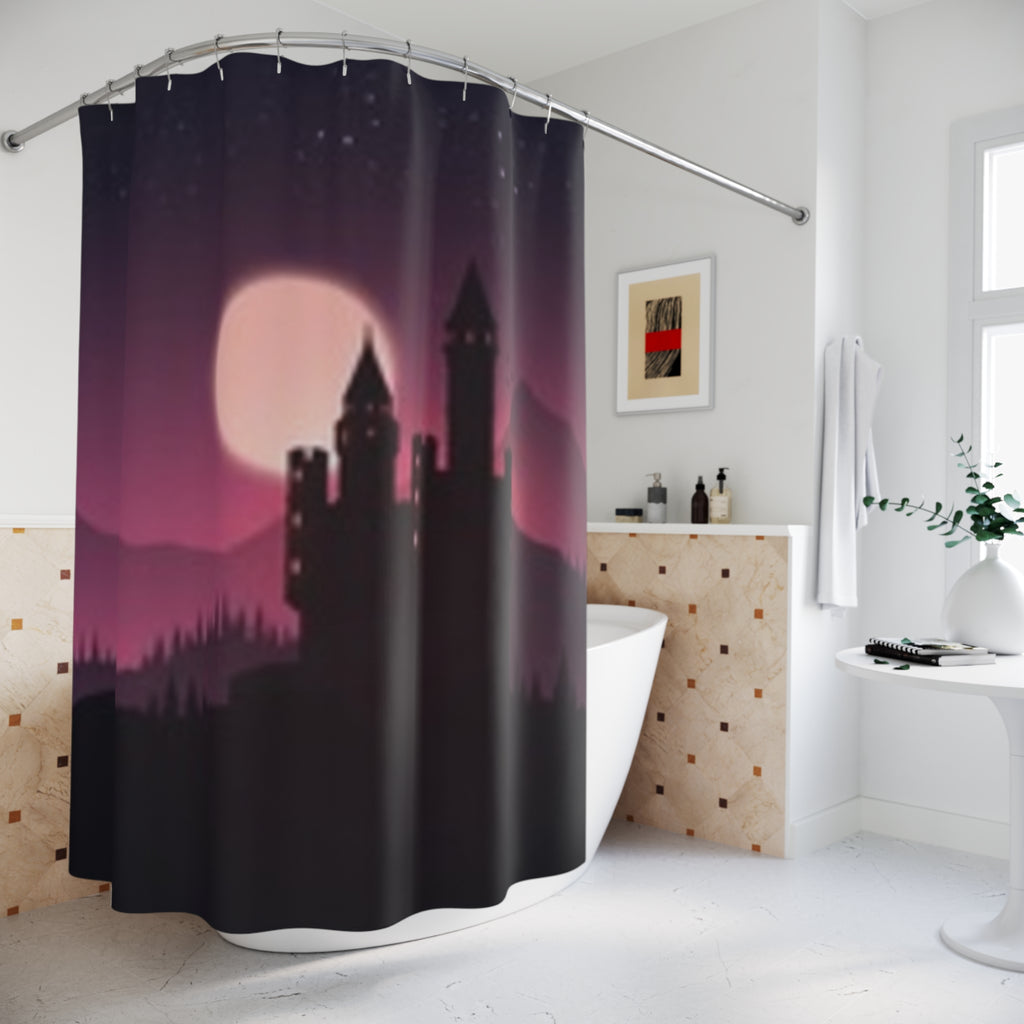 Gothic Castle Moon Shower Curtain — Moody Dark Fantasy Bathroom Decor