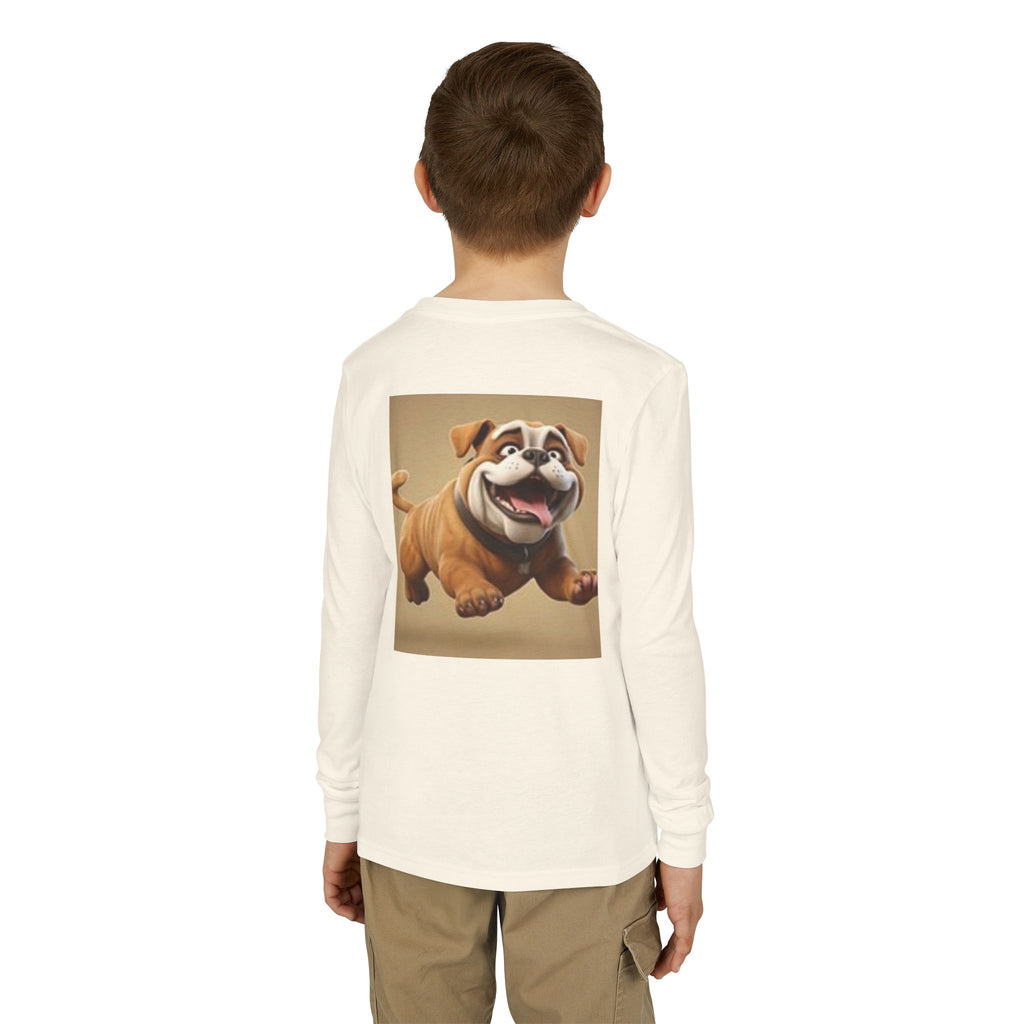 Youth Long Sleeve Tee — Playful Space Planets & Happy Bulldog Graphic