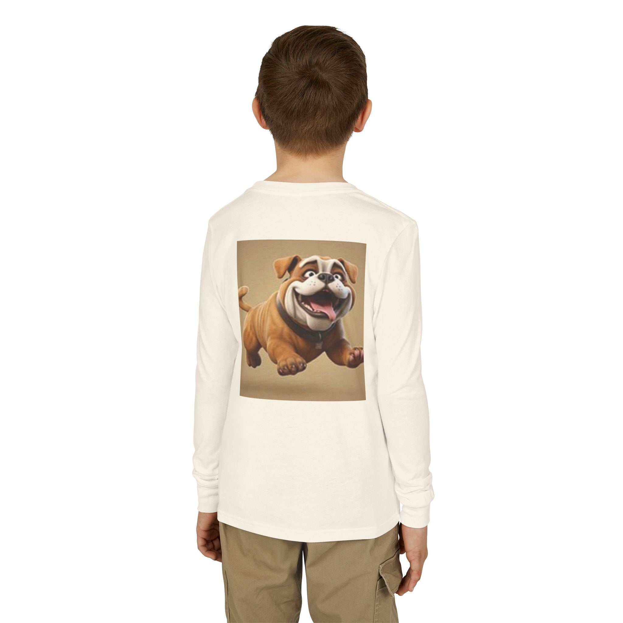 Youth Long Sleeve Tee — Playful Space Planets & Happy Bulldog Graphic