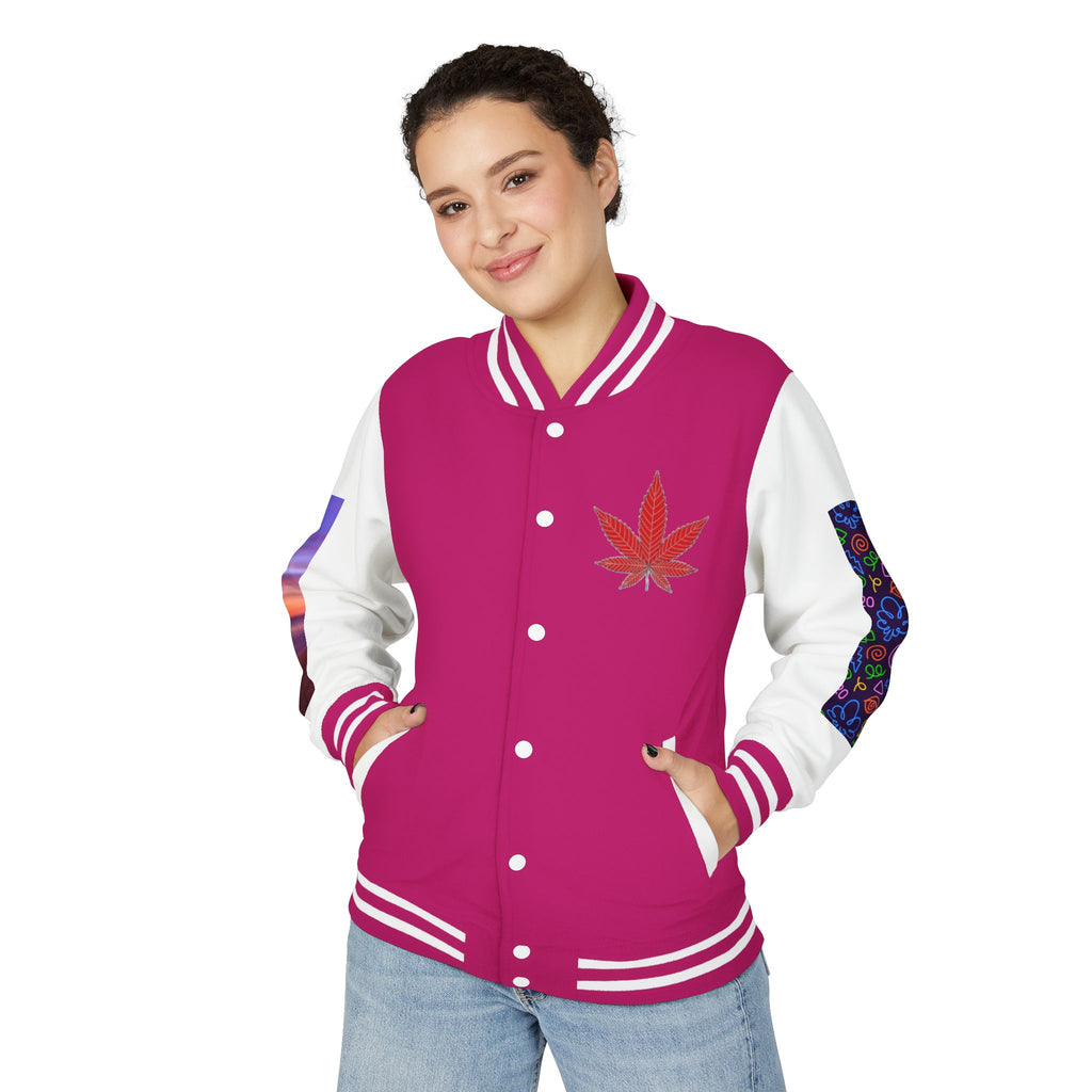 Letterman Jacket — Retro 'All You Need Is Love' Hippie Van & Cannabis Leaf Design