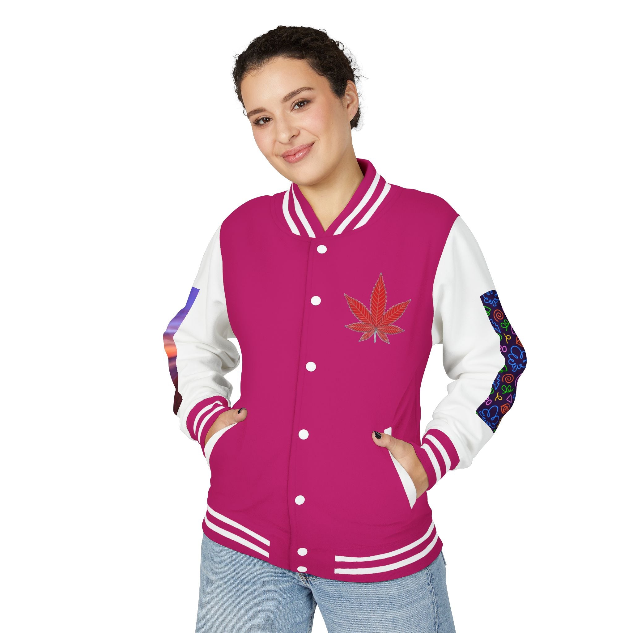 Letterman Jacket — Retro 'All You Need Is Love' Hippie Van & Cannabis Leaf Design