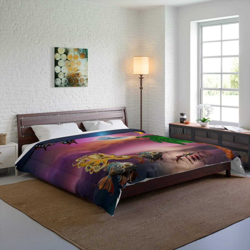 Tropical Moonlit Comforter - Surreal Beach Scene with Palm, Moon & Sea Creatures