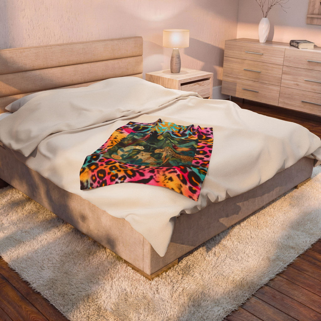 Safari Jungle Velveteen Plush Blanket — Colorful Leopard & Tropical Bird Print