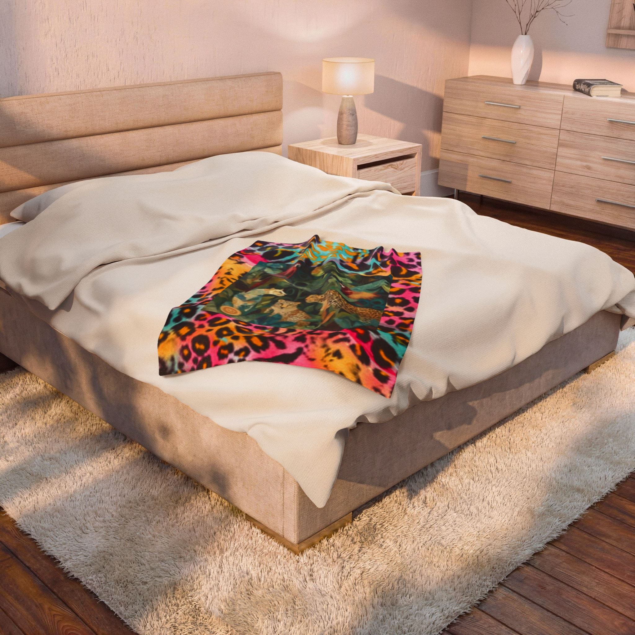 Safari Jungle Velveteen Plush Blanket — Colorful Leopard & Tropical Bird Print