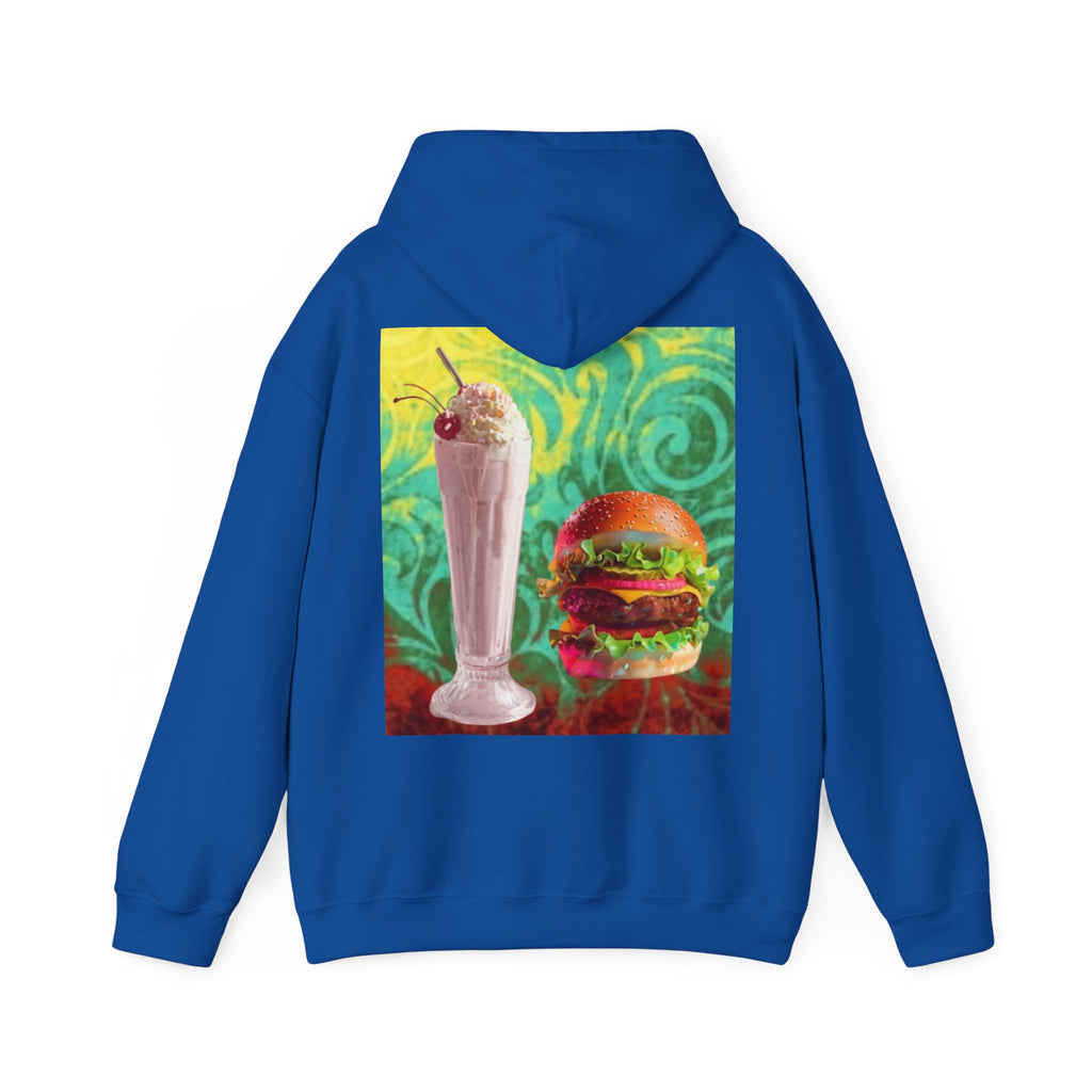Burger & Strawberry Milkshake Hoodie — Retro Diner Food Graphic Hoodie