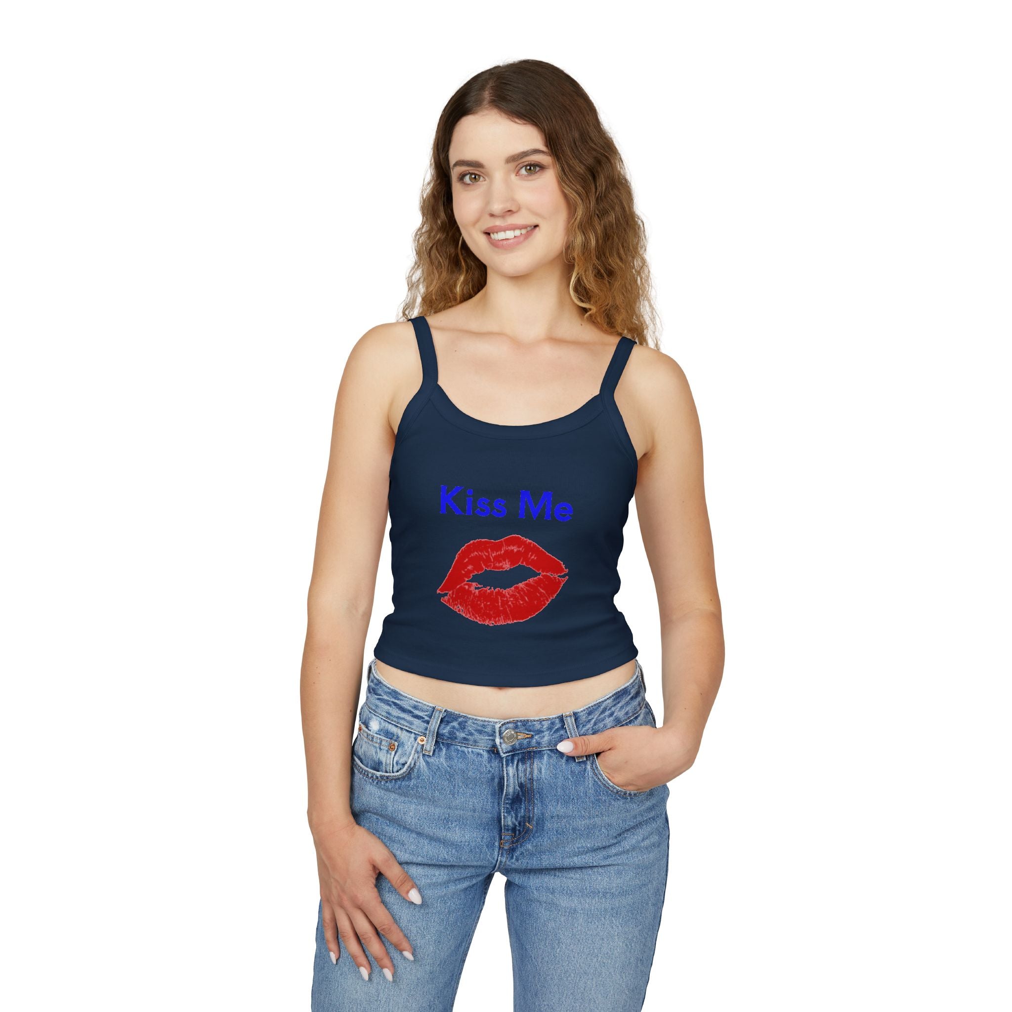 Kiss Me Lip Print Tank Top — Women's Spaghetti Strap Crop