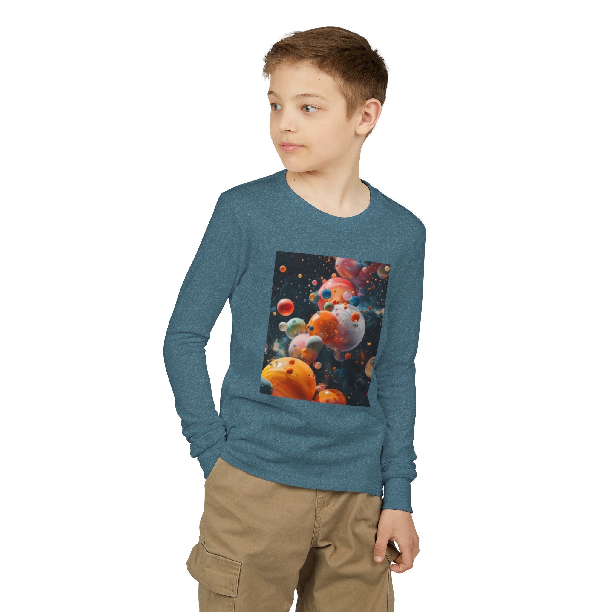 Youth Long Sleeve Tee — Playful Space Planets & Happy Bulldog Graphic