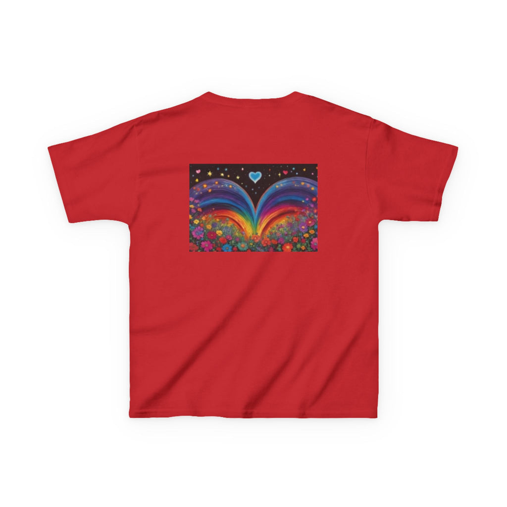 Kids T-shirt— Cute Tiger Cub Photo Front & Rainbow Heart Back Graphic