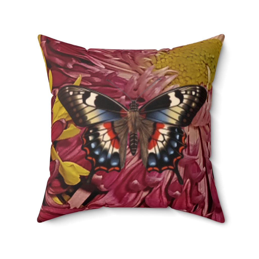 Mary Jordan & Butterfly Floral Throw Pillow — Custom Portrait on Burgundy Chrysanthemum