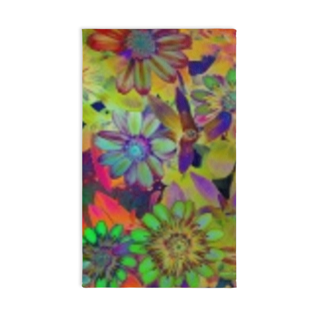 Psychedelic Floral Hand Towel — Vibrant Rainbow Daisy Kitchen & Bath Accent