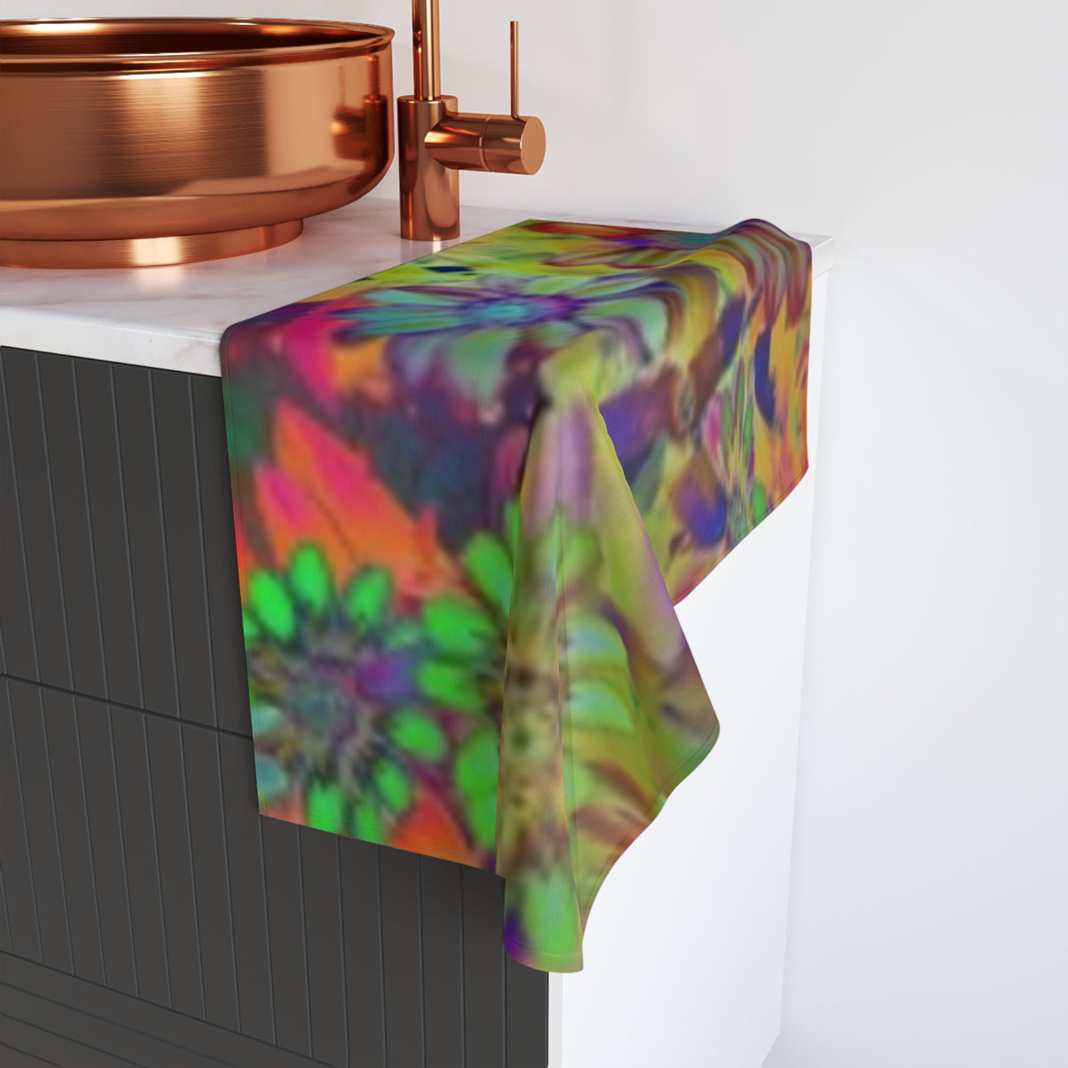 Psychedelic Floral Hand Towel — Vibrant Rainbow Daisy Kitchen & Bath Accent