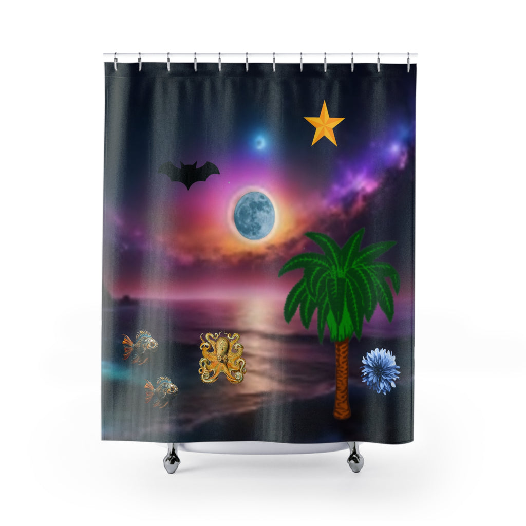 Tropical Night Sky Shower Curtain — Moonlit Ocean, Palm Tree & Stars Bathroom Decor