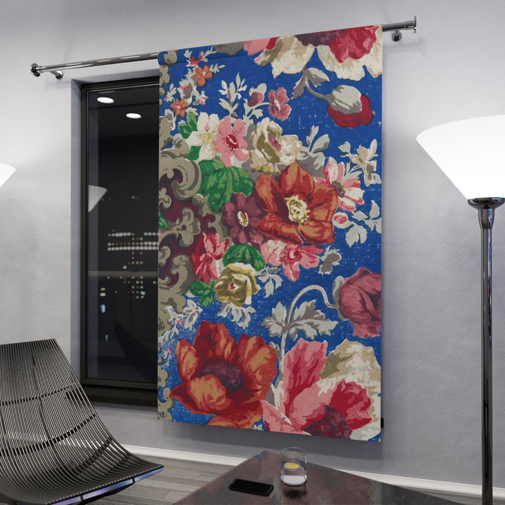 Floral Vintage Blue Curtain Panel — Bold Rose Print Window Drapery