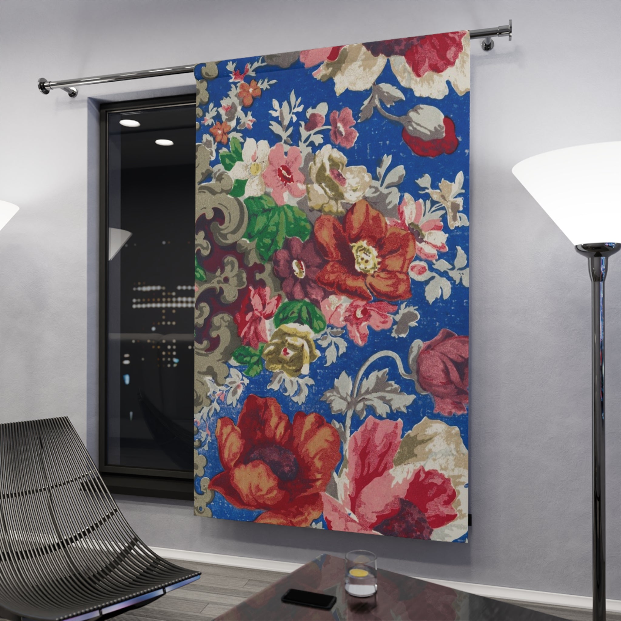 Floral Vintage Blue Curtain Panel — Bold Rose Print Window Drapery