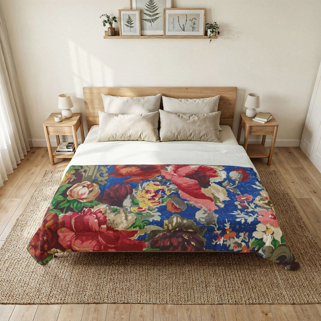 Vintage Floral Cotton Comforter - Bold Rose Bouquet Blue Bedspread