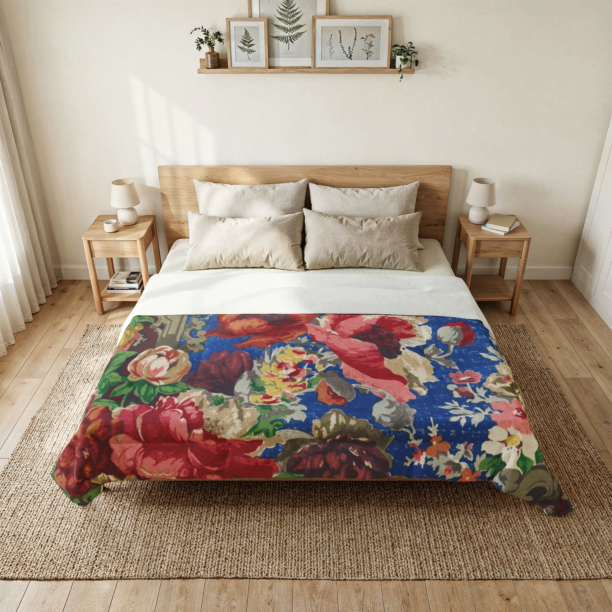 Vintage Floral Cotton Comforter - Bold Rose Bouquet Blue Bedspread