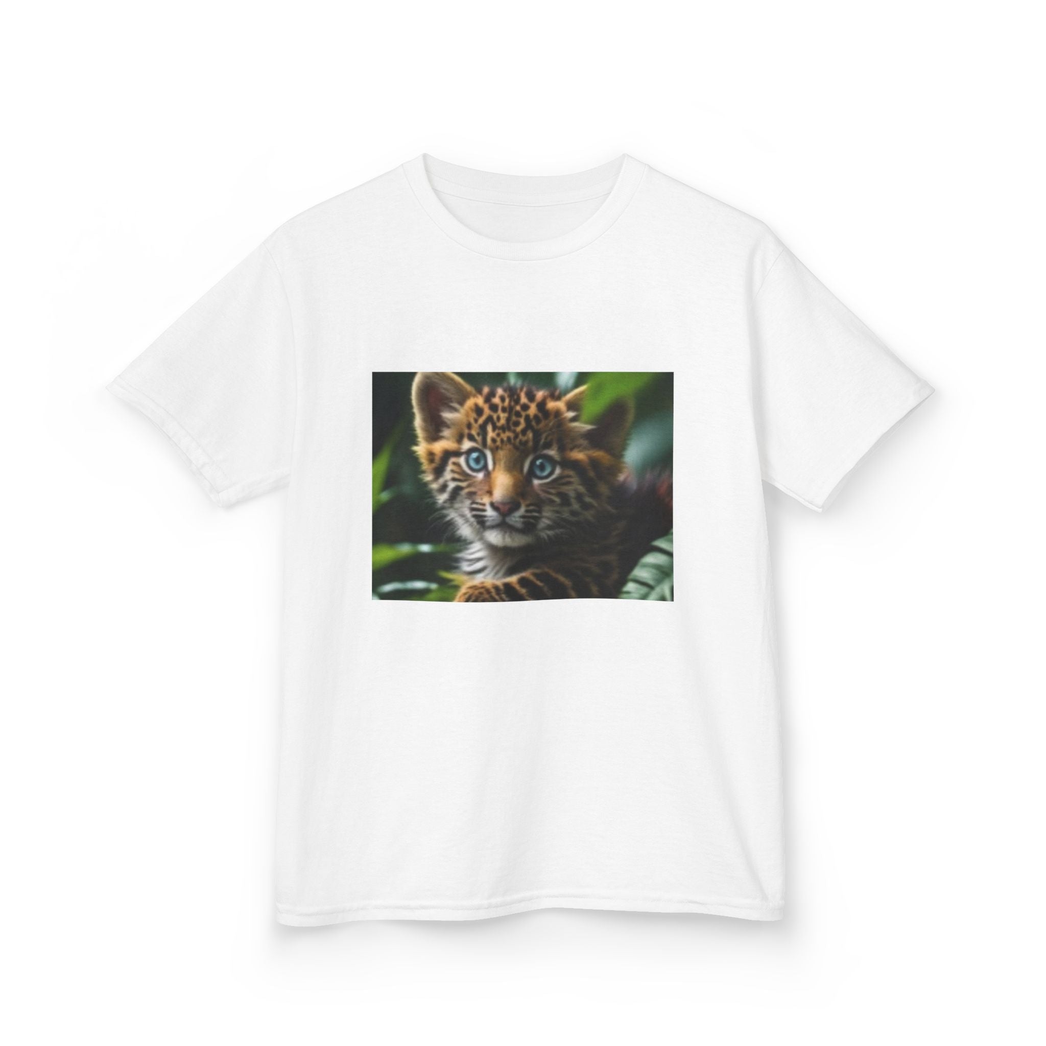 Kids T-shirt— Cute Tiger Cub Photo Front & Rainbow Heart Back Graphic