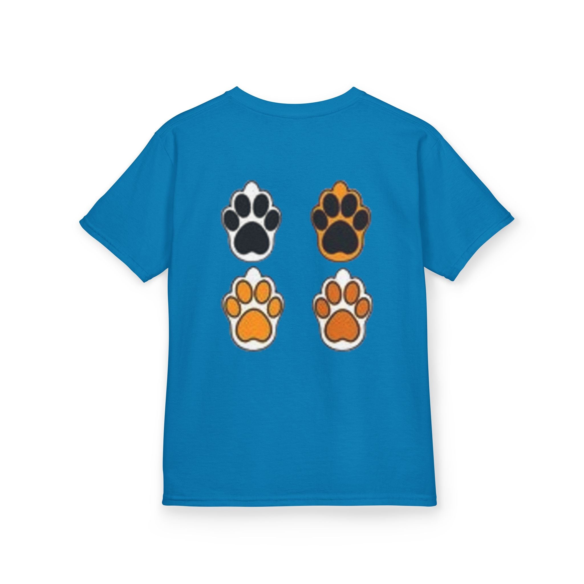 Kids Cat Paw T-Shirt — Cute Kitten Row Front & Paw Prints Back