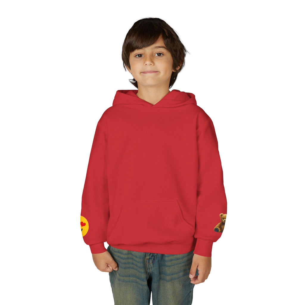 Youth Hoodie with Teddy Bear & Heart-Eyes Emoji Sleeve Accents