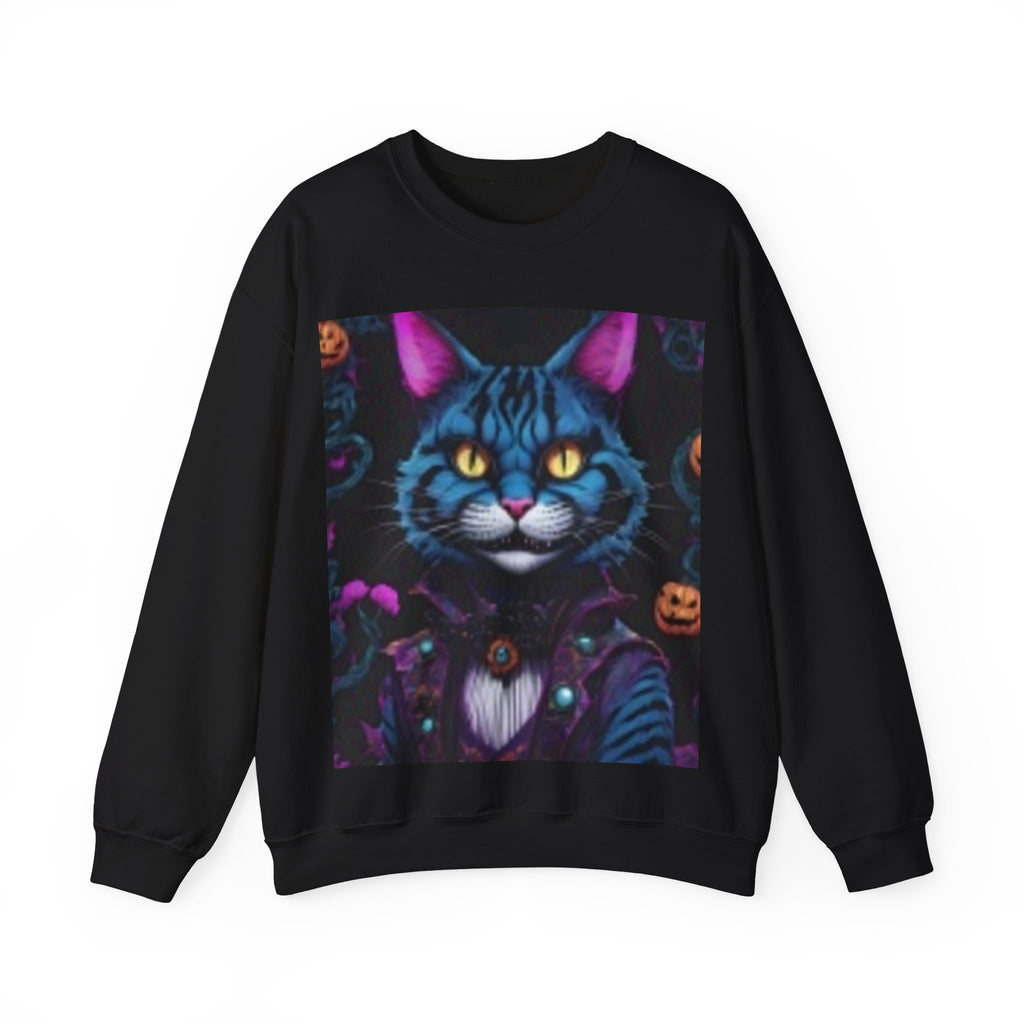 Halloween Cat Crewneck Sweatshirt — Mystical Blue Tabby with Pumpkins
