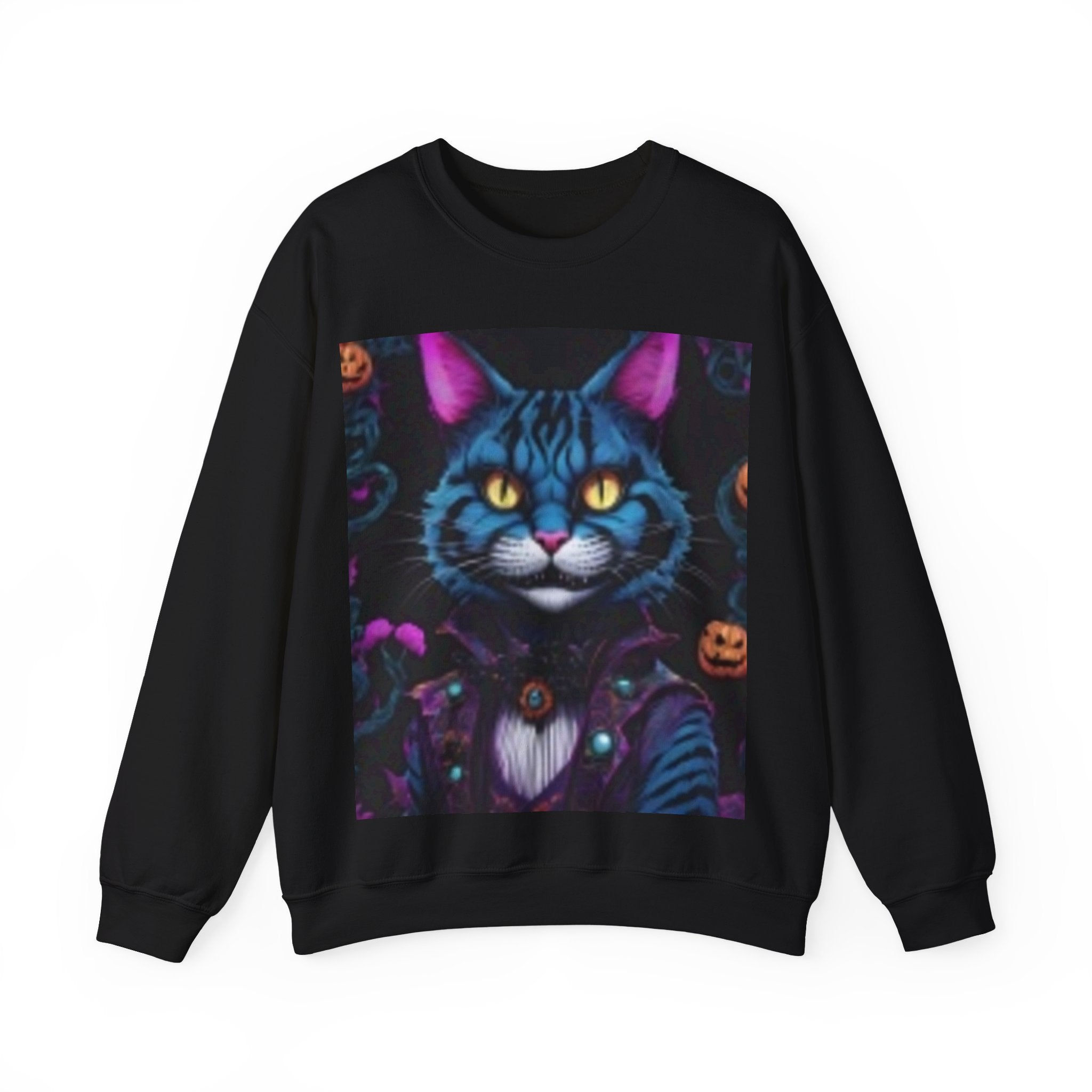 Halloween Cat Crewneck Sweatshirt — Mystical Blue Tabby with Pumpkins