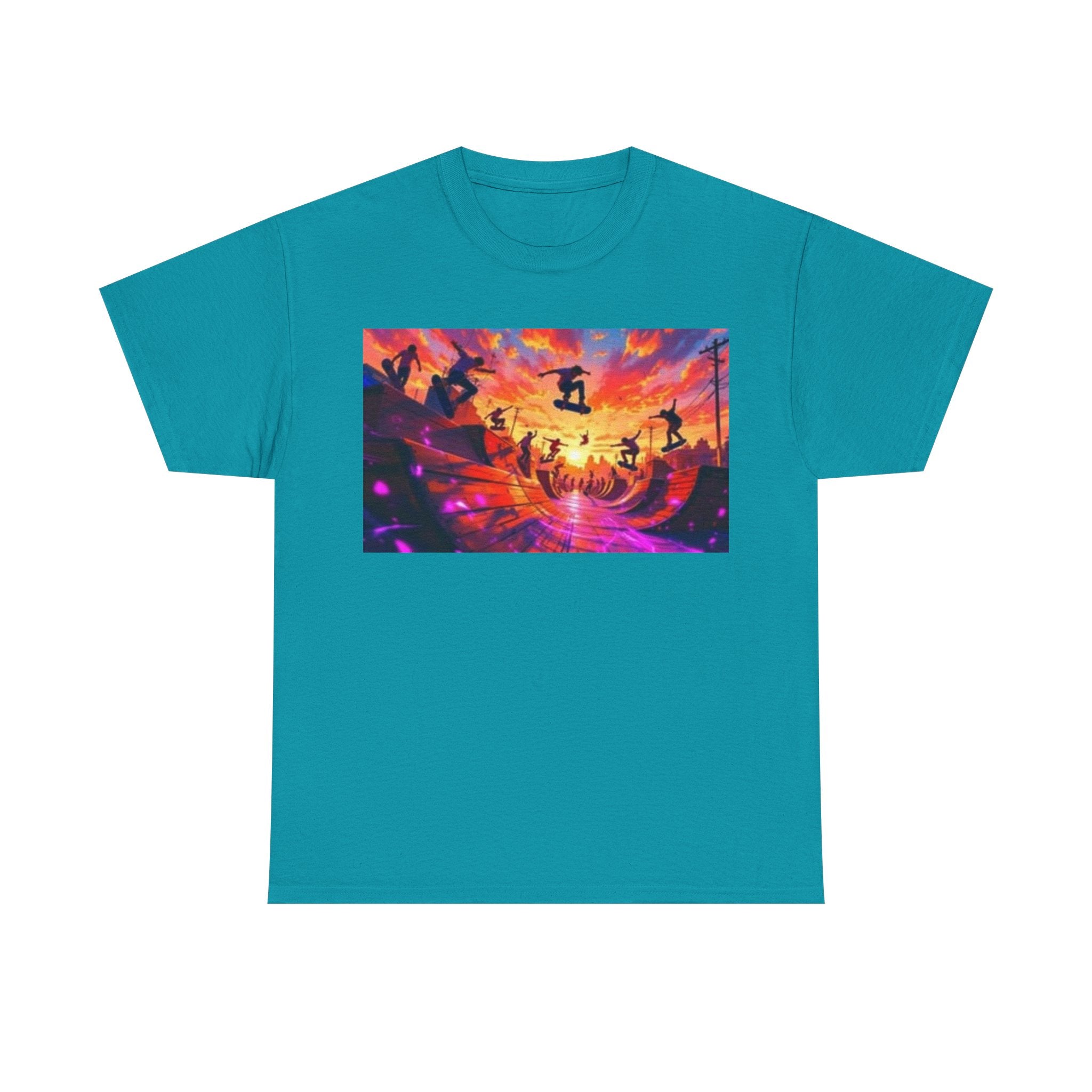 Skate Sunset Graphic Tee — Vibrant Skateboarding Sunset Scene Shirt