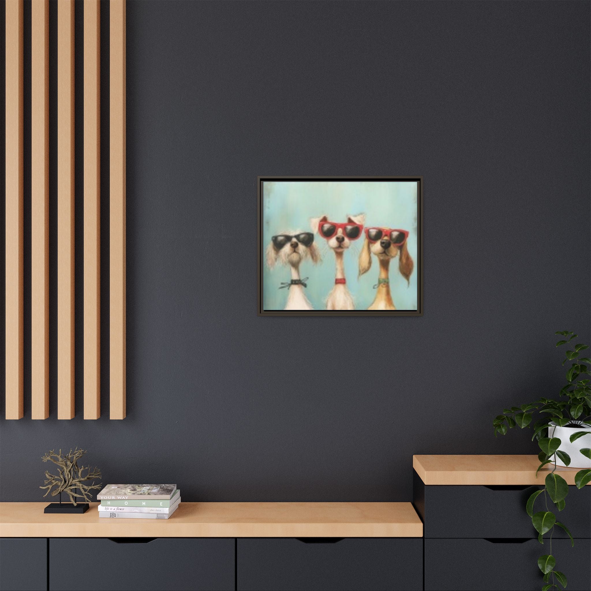 Framed Matte Canvas — Three Cool Dogs in Sunglasses Wall Art