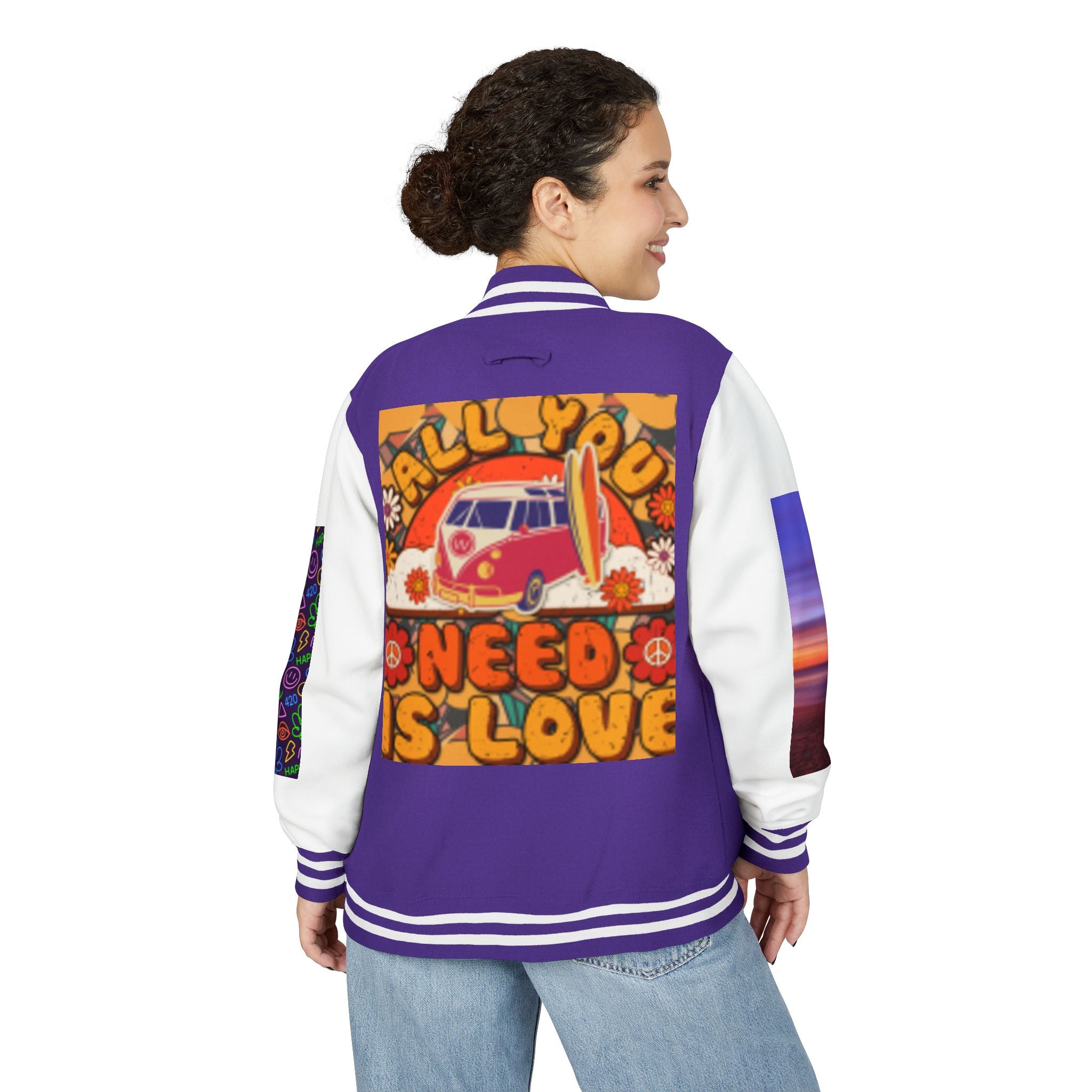 Letterman Jacket — Retro 'All You Need Is Love' Hippie Van & Cannabis Leaf Design