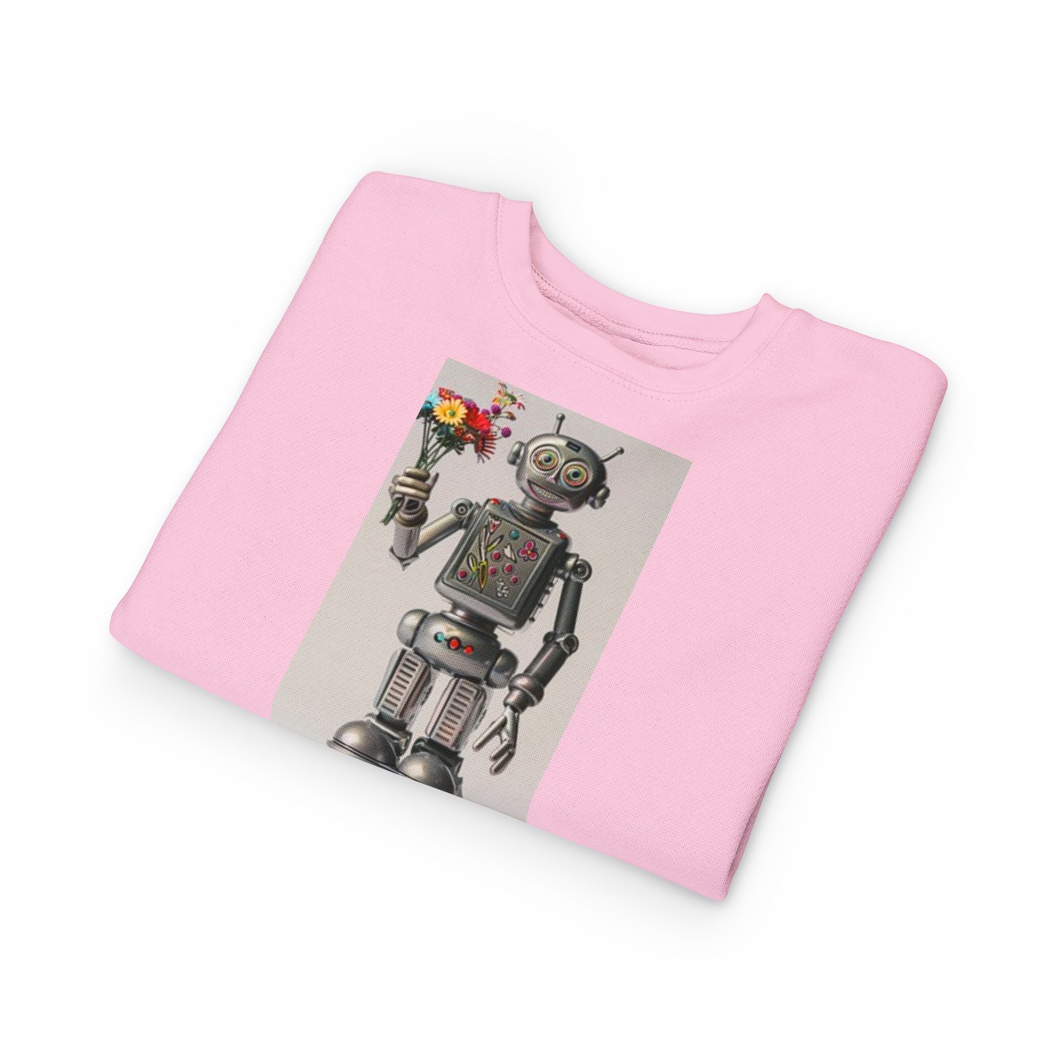 Retro Robot Toddler Sweatshirt — Cute Robot Holding Flowers Graphic