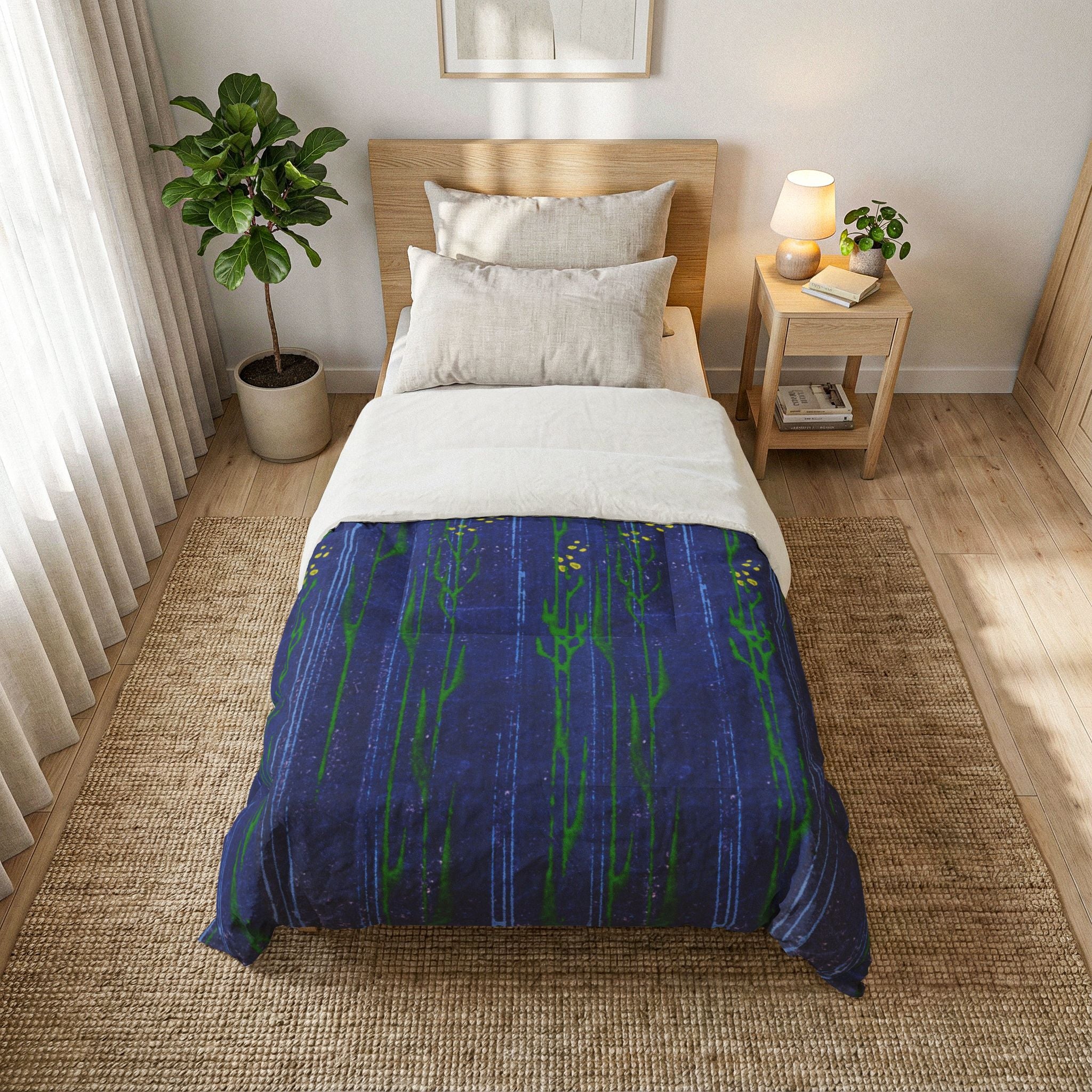 Blue Floral Cotton Comforter — Hand-Painted Meadow Stripe Bedding