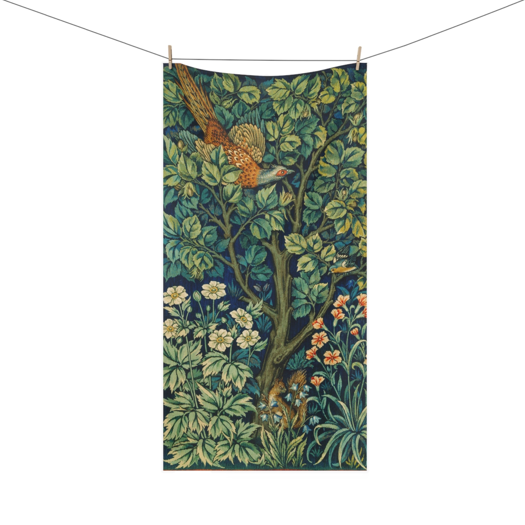 Vintage Botanical Beach & Bath Cotton Towel — Pheasant & Floral Garden Print