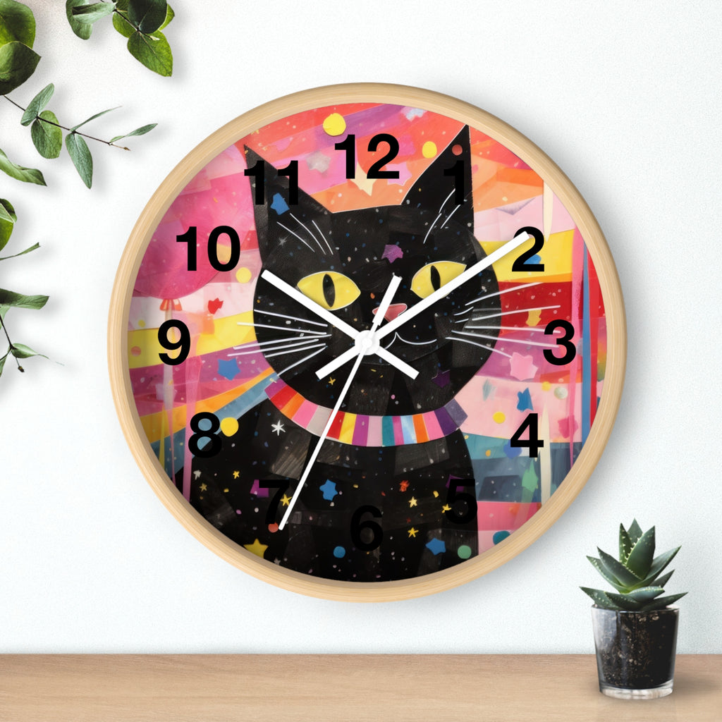 Black Cat Wall Clock — Colorful Retro Cat Clock with Yellow Eyes