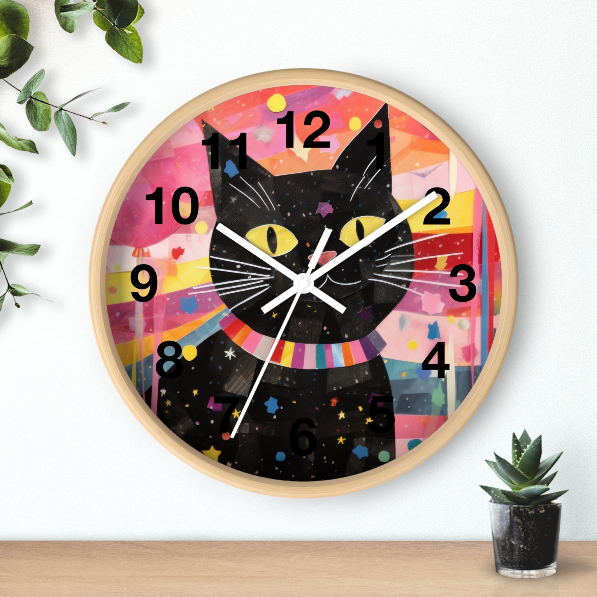Black Cat Wall Clock — Colorful Retro Cat Clock with Yellow Eyes