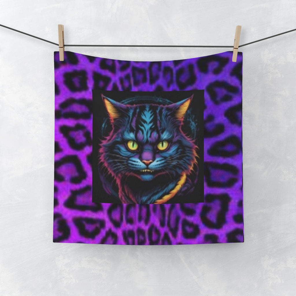 Neon Leopard Cat Face Towel — Vibrant Retro Cat Hand Towel