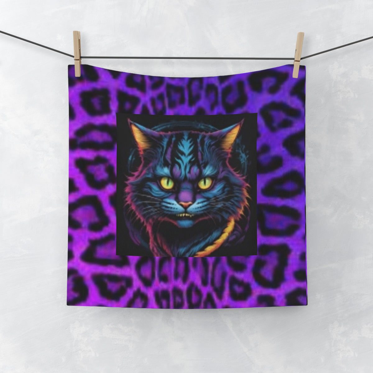 Neon Leopard Cat Face Towel — Vibrant Retro Cat Hand Towel
