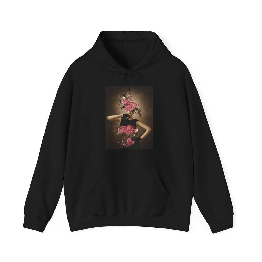 Beautiful Woman Floral Portrait Hoodie — Surreal Pink Blossom Art Sweatshirt