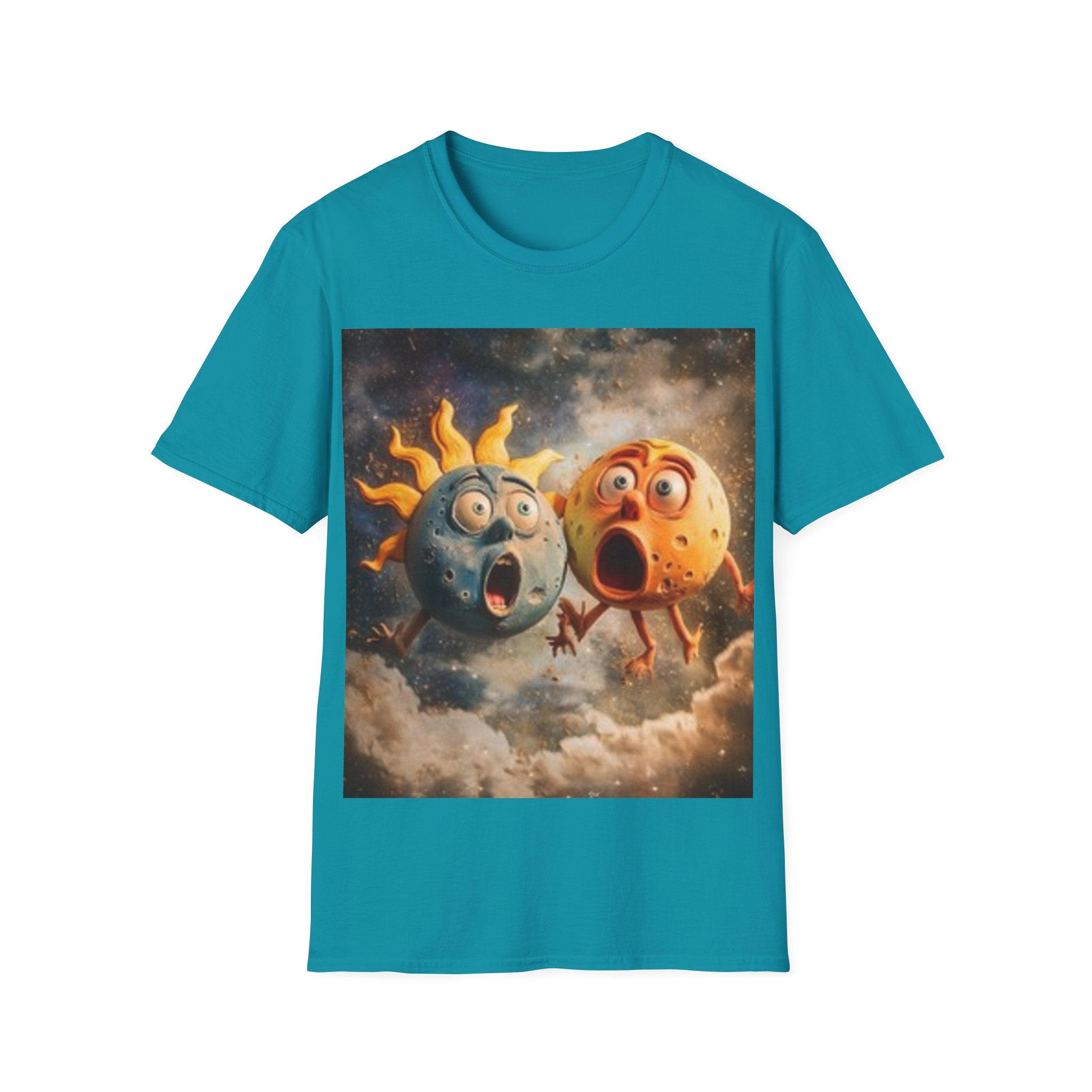 Surprised Sun & Moon T‑Shirt — Cute Cosmic Cartoon Solar Duo Tee