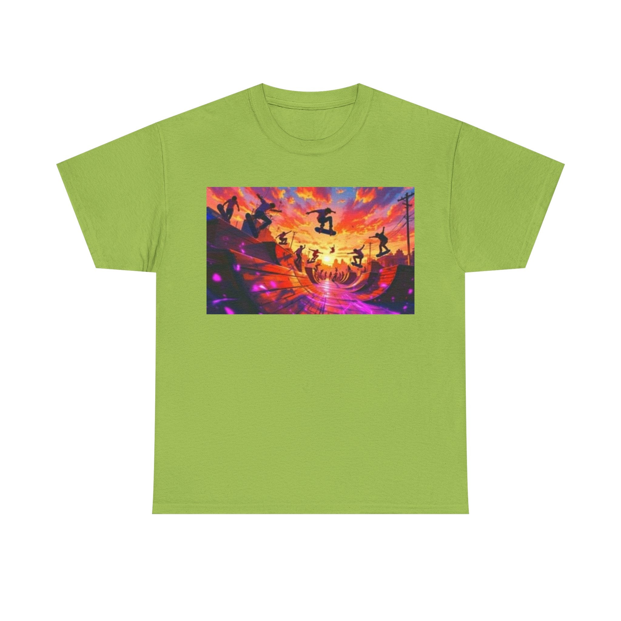 Skate Sunset Graphic Tee — Vibrant Skateboarding Sunset Scene Shirt