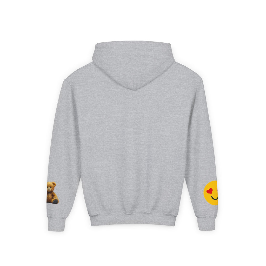 Youth Hoodie with Teddy Bear & Heart-Eyes Emoji Sleeve Accents