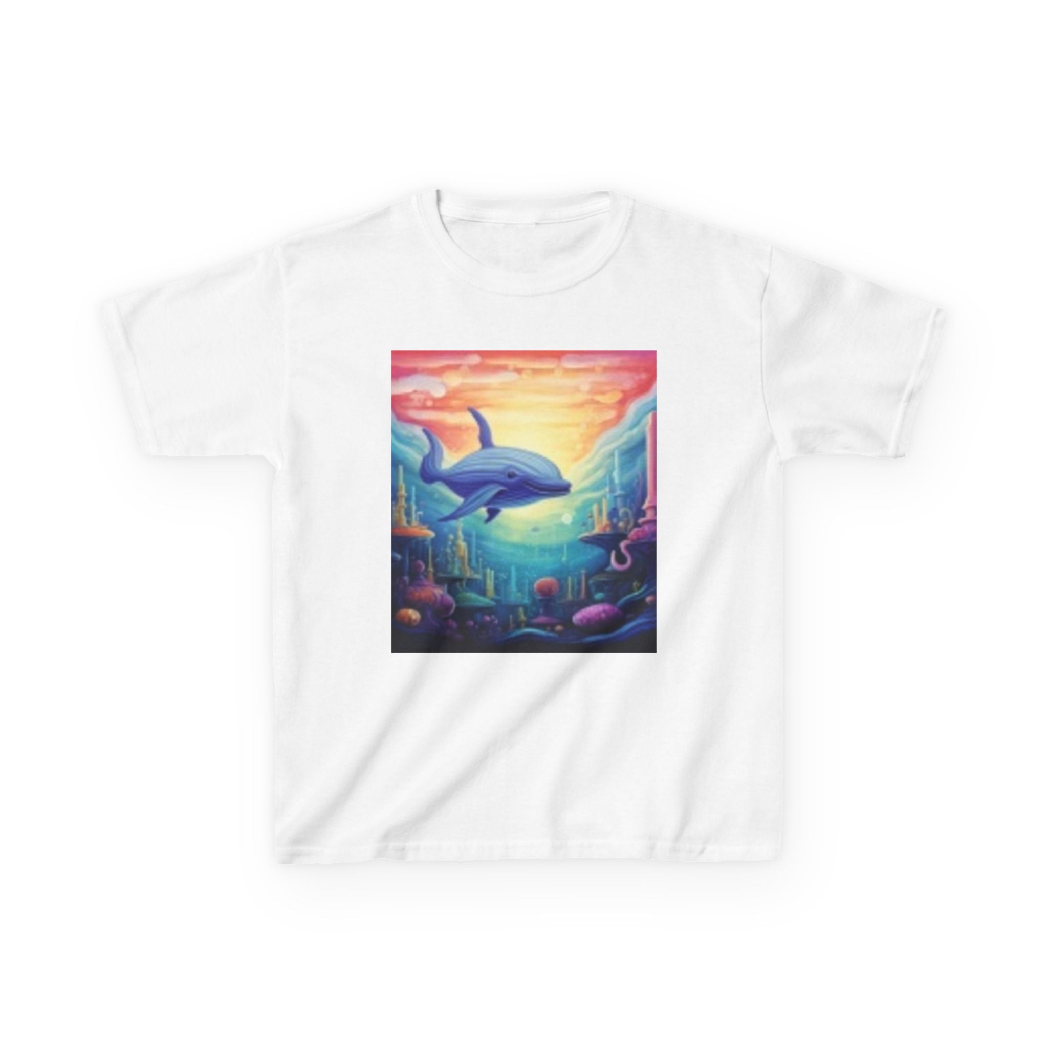 Kids Dolphin Sunset & Shells T-Shirt — Colorful Underwater Ocean Scene